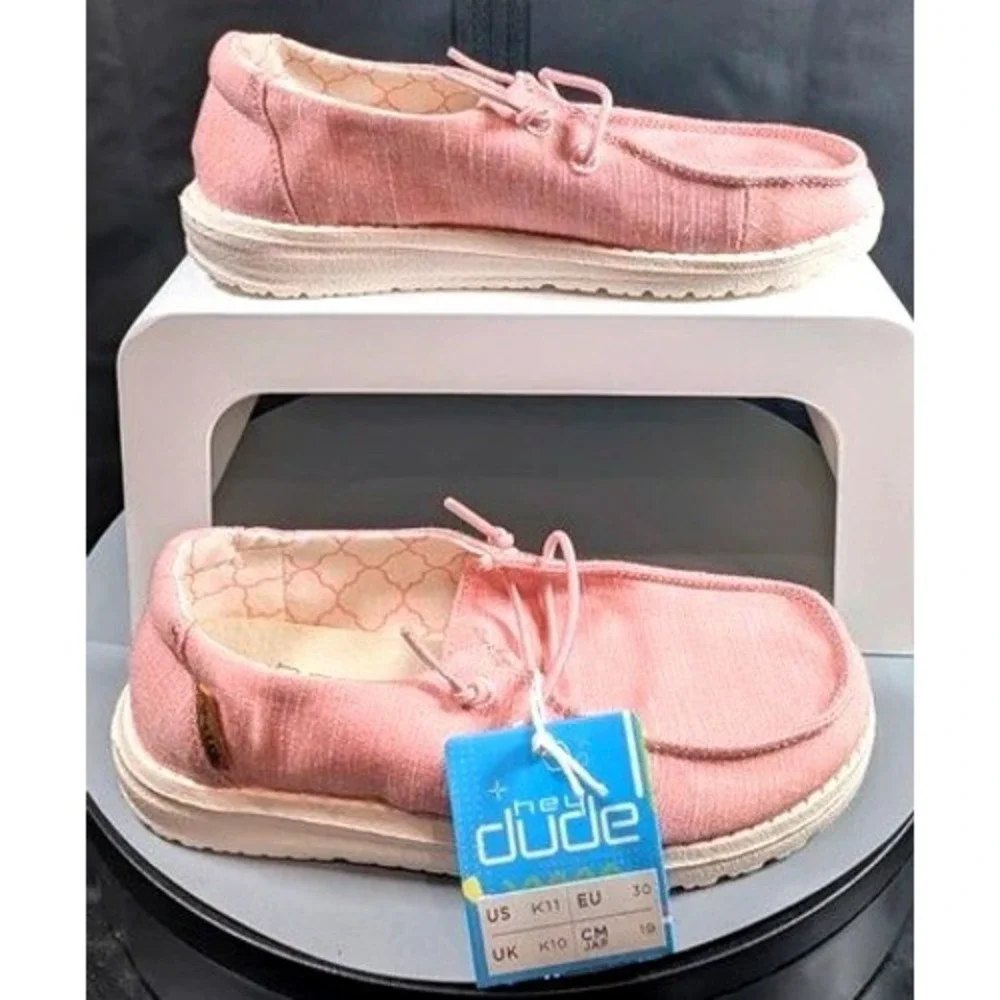 Hey Dude Wendy Youth Kids Size K11 Pink Linen Cotton Candy Slip On Loafers ~ NWT